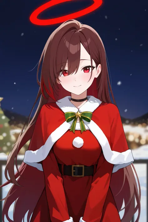 1 girl, Hair length reaches the back, Brown hair and red hair on the edges of the hair, red eyes, but not bright, wear a santa outfit, หน้าอกไซส์ปานกลาง, have a red halo