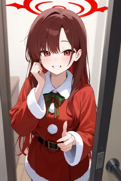 1 girl, Hair length reaches the back, Brown hair and red hair on the edges of the hair, red eyes, but not bright, wear a santa outfit, หน้าอกไซส์ปานกลาง, have a red halo