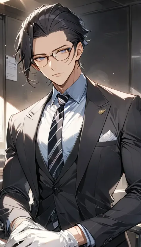 ( Masterpiece、 top quality:1.2)、 one male、solo、Square Edge Glasses 、 Business Black Suit、 All Back Black Hair 、 Striped Tie 、 Forensic White Gloves 、