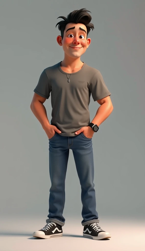  Create a Pixar-style image for me of a 30-year-old man, light brown with freckles on her face  ,   with black hair   ,  in a gray ,  in jeans and sneakers   