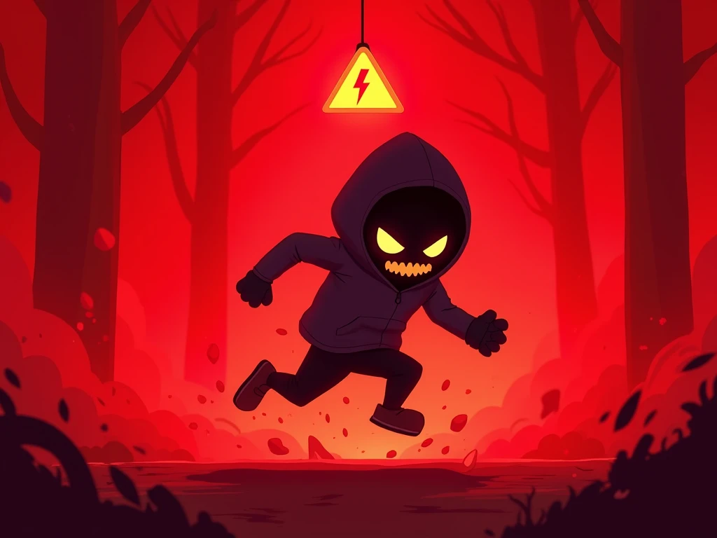 A Chibi-Cartoon style illustration of an extremely menacing first-person runner, with a red haze covering the entire illustration. In the center a triangle with a floating warning sign 