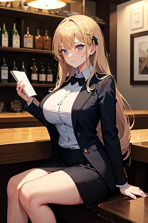 A woman with long flax-colored hair is sitting at the counter 。Sitting on the sofa at the bar    。  and has big breasts。 wearing a black suit 。