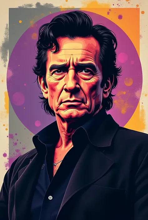 Create a portrait of Jonny Cash in the style of retro art, modern pop.  use the following color codes  : Purple hell E5DFF3 Dark purple 382751 Yellow FFE934 Grey 87828F.
