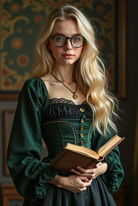 Realistic photo of young adult girl with long wavy bright blonde hair. Cottage core style clothes that include corset that’s a shade of green with white. Round glasses that are black. Have her holding old style books and study materials 