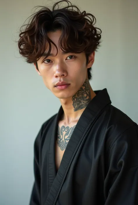 realistic young adult asian curly brown haired boy in a cool pose with neck tattoo in kimono half body head not cut off 