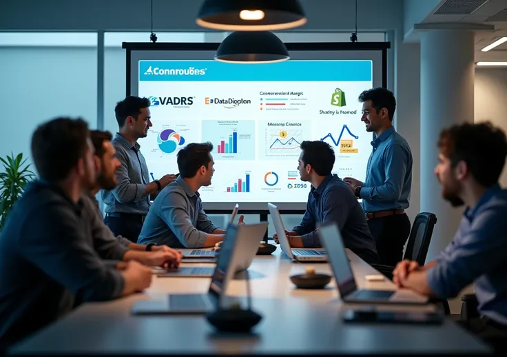 make a photo of men working about eCommerce and also focus on the board hanging in the wall with the writing of Data Digger and Shopify and amazon on it