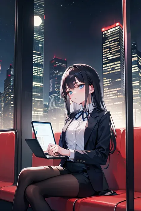   attention to detail ,  Super Detail,  super high resolution, The girl on the train , The outfit is random,  long hair, She's sitting on a train chair , Late Night,  midnight, Cityscape, A row of skyscrapers, I can see the full moon from between the skysc...