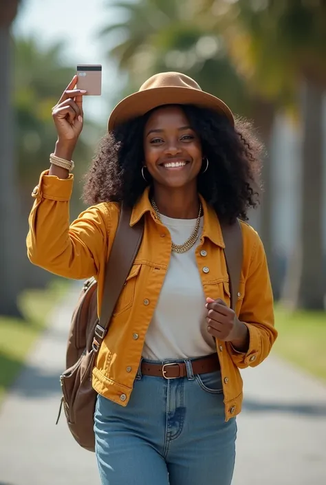 A beautiful black girl very happy with backpack and hat as if she was traveling dressed up classy, raise her hands while holding her very real bank card.