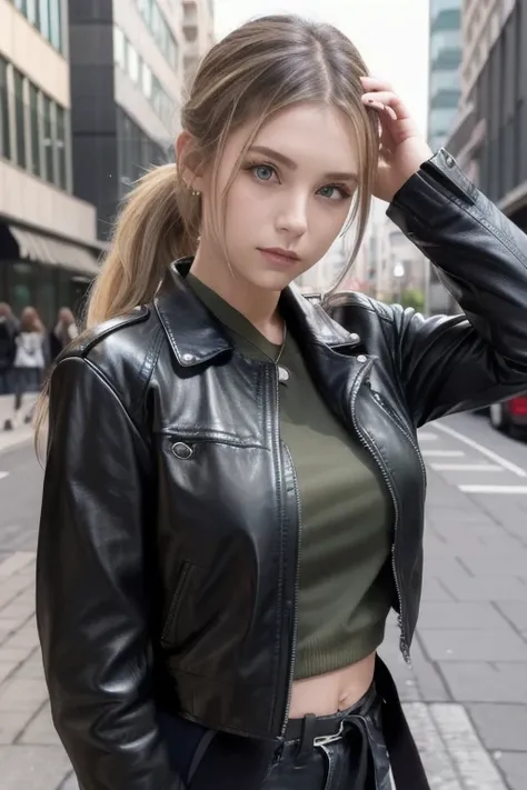  One girl , Alone, face,  portrait,  long hair,  ponytail, Blonde,  green eyes,  Big Breasts , (black leather jacket:1.2) ,  clevis on a stone,  School,  blanking in the heart of the city,  stares at viewers, 