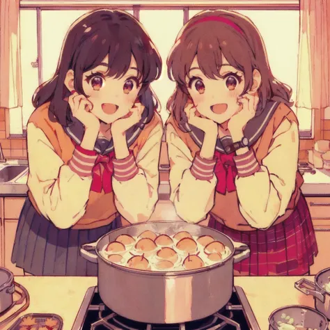 anime - style illustration of two girls cooking in a kitchen, cooking, 🍁  cute, Boiling eggs ,  smile with open mouth,  anime food, ❤🔥🍄🌪, cooking it up, two beautiful  anime girl ,  cute art style,  anime girl ,   anime style illustration ,  cute anime sty...