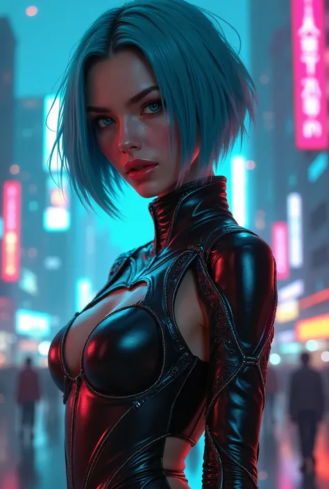 Girl cyberpunk/Wearing sexy outfits/Short hair with cyan highlights/