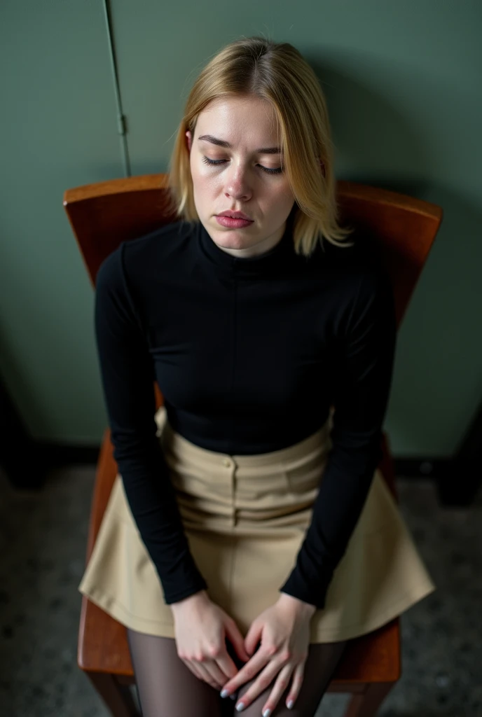  perspective from above. A slim blonde petite 25-year-old woman . She has straight half-long hair. She has a slim slim face with high cheekbones. She is wearing a black turtleneck top.  She is wearing a beige short skirt and black transparent pantyhose.  s...