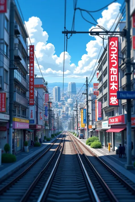 Cool anime 2000s ambiences japan tokyo city , picture, a little blurry. Train rails.