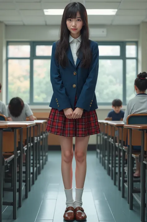  high resolution,( photorealistic: 1.4,RAW shooting),  school classroom,18-year-old girl, long dark hair, realistic skin texture,Whole body expression,正面を向いて立っている, Blue Blazer, red plaid skirt, white socks, brown shoes