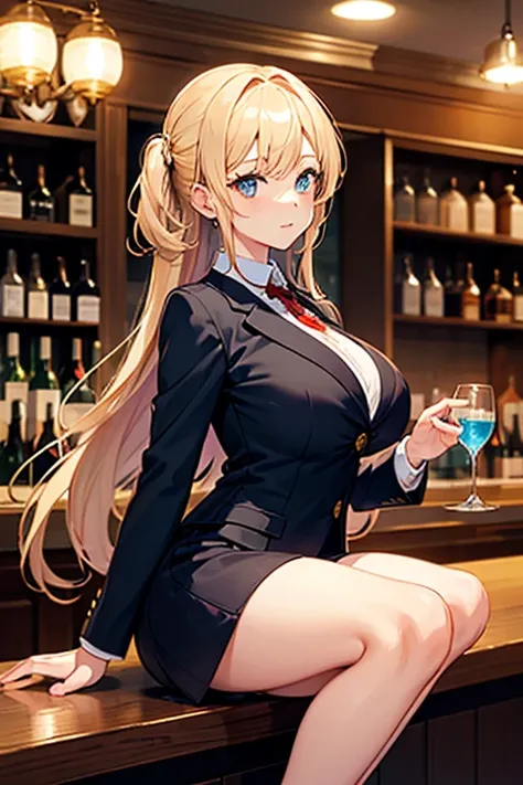 A woman with long flax-colored hair is sitting at the counter 。At the bar 。 and has big breasts。   wearing a suit。