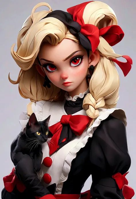 Создай иллюстрацию 

tennage girl blonde, red eyes. Two ponytails. Assistant of the villian ‘jester’, her costume is based on red and white and black colors , embroidery, frills, very elegant but at the same time stylish and bold. Everything in her costume...