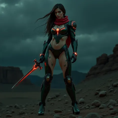 - Photorealistic with perfect details, Cinematic, Masterpiece, HD, Sexy CGI.

- Beautiful "English" woman, long hair, Greenish Eyes.
Hands full of colorful tattoos, expressive, staring sharply.

- Wearing a costume ("Full Sexy Armor"), a costume that embod...