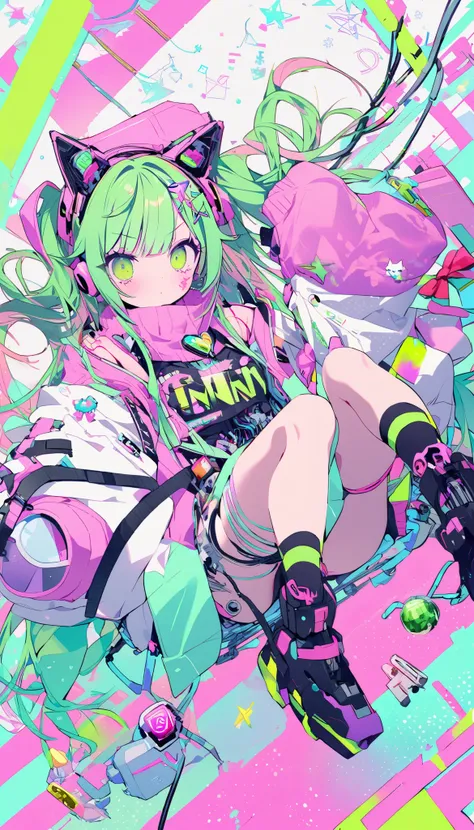    one girl, Decora,    dynamic angle, Breathtaking, the above,  Mandatory Distance Method ,    Oversized Jacket ,  Cat ears , green hair, Unicorn horn,  cybergoth style  ,  cutetech,    pastel color  ,  cute,  cute色, SF,    reel mechanism   ,    cyborg,  ...