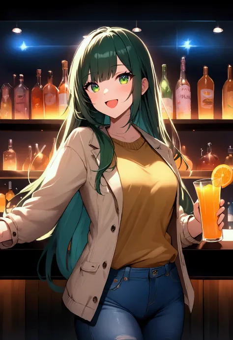 (masterpiece),(absurdres),(ultra detailed),(beautiful detailed),anime:1.4,drinking concept:1.2,((solo lady),(20-year-old),(shiny dark green hair),(dark green eyes),(straight long hair),bangs:1.1,(()),(middle breast:0.8),(()),casual jacket,sweater,denim pan...