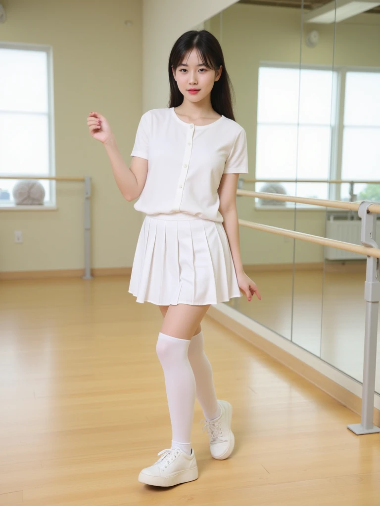   Japanese adult girl、 white thigh high socks 、full body
uniforms、 skirt、 sneakers、dancing
Studios