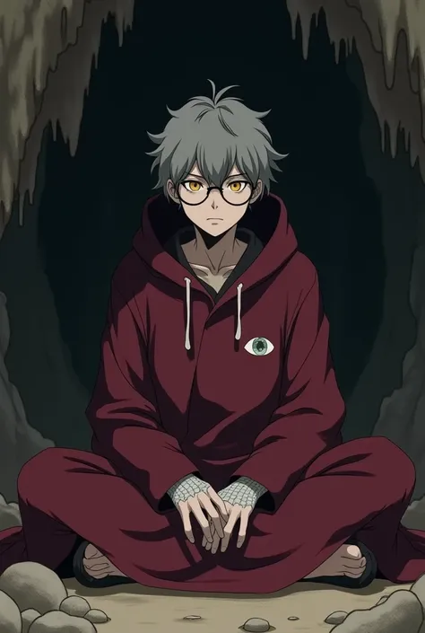 A 20 year old Japanese male ager ,Gray Hairstyles,Maroon long sleeve robe with zipper,A maroon hood with a white eyeball motif with yellow pupils on two sides of the hood,Round reading glasses,The pupils of the eyes are yellow like the pupils of a snake's ...