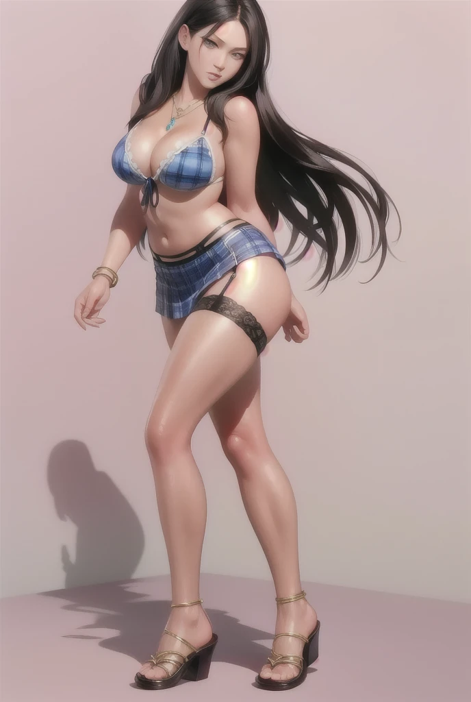 nanami \(doa vv\),black hair,long hair,blue eyes,lips,large breasts,blue bikini,front-tie top,leg garter,pendant,plaid skirt,sandals,see-through,shirt,miniskirt,cleavage,