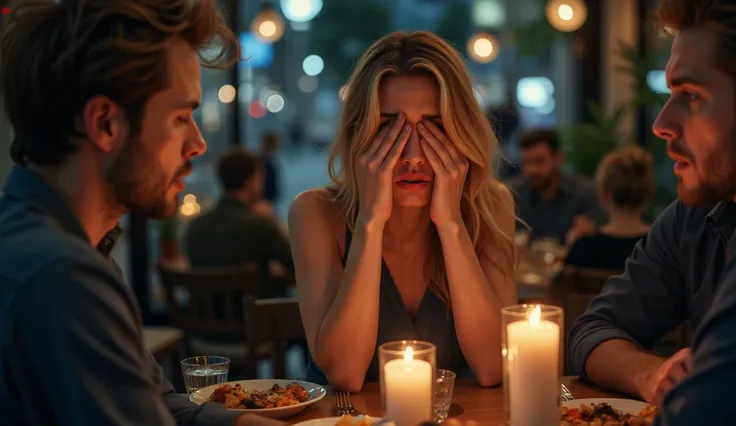  The scene takes place in an atmospheric cafe with candles. 4k camera. Professional background blur. Chromatic aberrations on the edges of the picture. three people are sitting at a table in a cafe - a girl and two men. the girl who looks just fantastic, s...