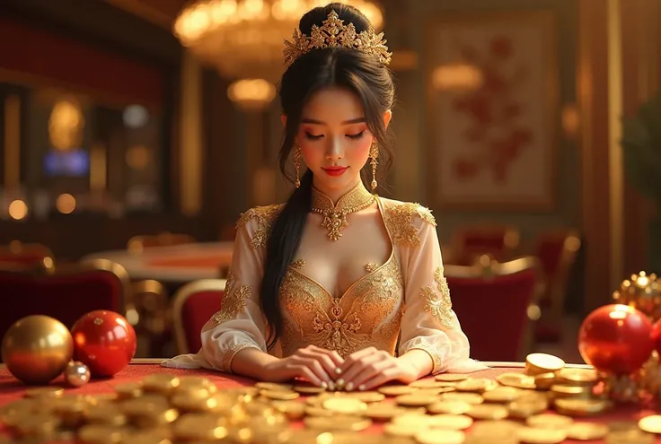 An enchanting Asian girl dressed in traditional yet glamorous attire, surrounded by an array of golden objects like coins, jewelry, and lucky drawing balls. The background is a luxurious casino setting with opulent decorations and soft, golden lighting tha...