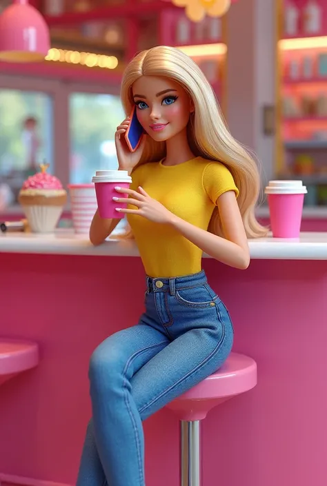  Realistic image of Barbie in a yellow t-shirt ,  jeans, Scarpin blue, Sitting near the counter of a bakery inside Shopping Pink in Barbieland,  holding a pink cup of coffee, talking on the cell phone