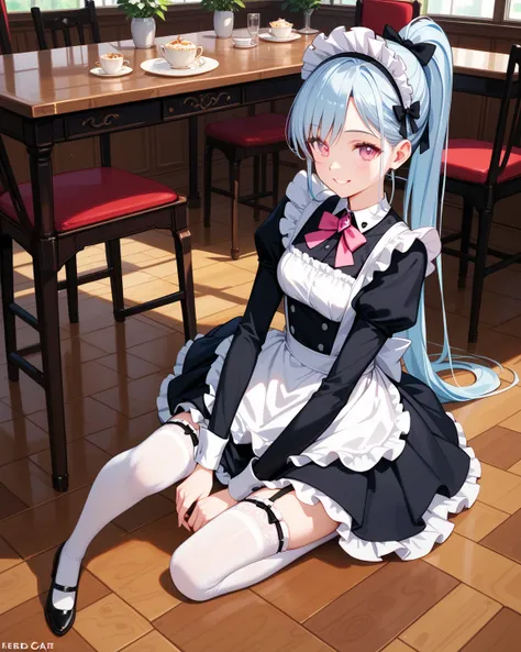  1 female, Solo,  long hair,  with genitals reddened, masterpiece, accurate,  top quality,  High Details ,  high quality,  Ultra High Definition,  ponytail,  big boobs, smile,  maid hair accessories,  illustration ,  Very Detailed Details ,  light blue hai...