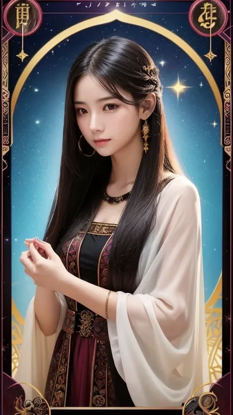 Western astrology、 young woman、 Fortune Teller、 long hair、 look straight ahead、Mysterious、No exposure、Predicting the future with tarot、 Serious Expression 、
