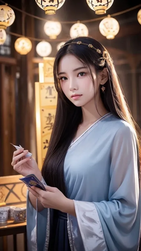 Western astrology、 young woman、 Fortune Teller、 long hair、 look straight ahead、Mysterious、No exposure、Predicting the future with tarot、 Serious Expression 、
