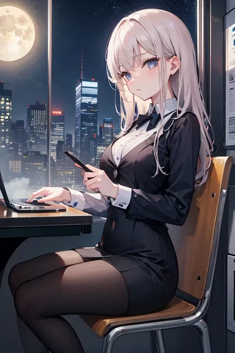   attention to detail ,  Super Detail,  super high resolution, The girl on the train , The outfit is random,  long hair, She's sitting on a train chair , Late Night,  midnight, Cityscape, A row of skyscrapers, I can see the full moon from between the skysc...