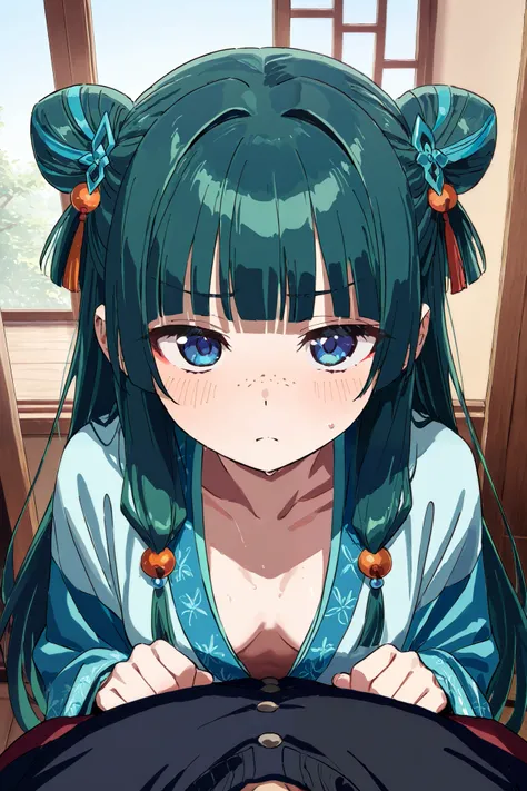 NSFW, Masterpiece, top quality, high resolution, very detailed,maomao、 long hair、bangs、 blue eyes、 hair ornament、 green hair、鈍いbangs、Freckles、 bun hair、 single bun