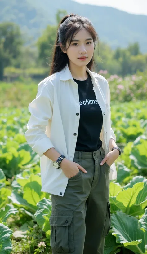 High resolution photo a 20years-old Beautiful pakistani-thai-Korean woman,smile,smooth white skin, well-groomed face, tied black hair, posing in a very fertile and beautiful cabbage field, white jacket, black t-shirt with the name word "Mochiman", cool wat...