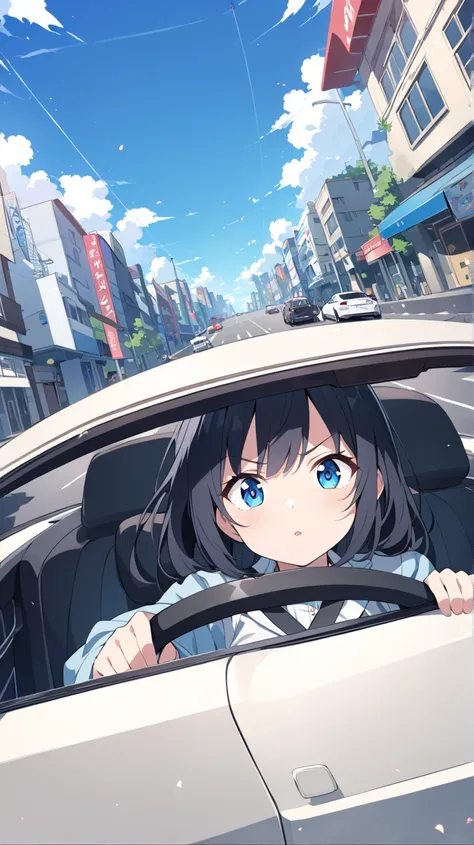 Driving a car、 1 girl,  blue eyes,  black hair,  Dutch Angle,  anime style、 widescreen、 wide angle shot、