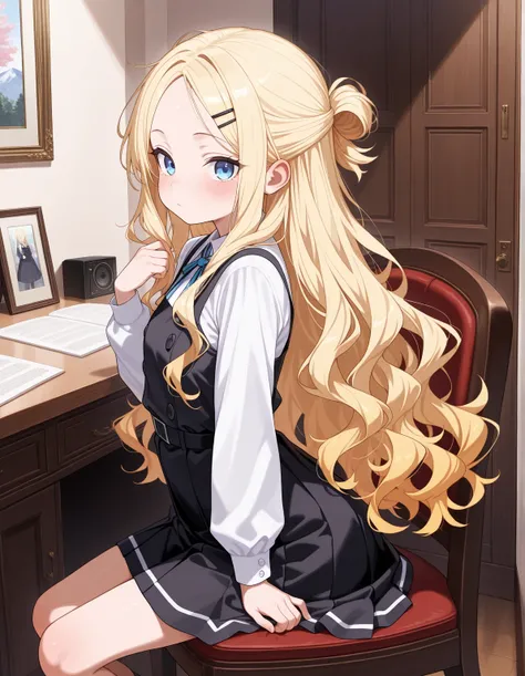 1girl, solo, petite, blonde hair wavy hair long hair, half updo, forehead, hairpin in center parted bangs, blue eyes, black pinafore dress, indoors, masterpiece, best quality, very aesthetic, ,amazing quality, highly detailed, high resolution, absurdres,