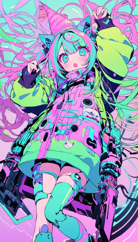    one girl, Decora,    dynamic angle, Breathtaking, the above,  Mandatory Distance Method ,    Oversized Jacket ,  Cat ears , green hair, Unicorn horn,  cybergoth style  ,  cutetech,    pastel color   ,  cute,  cute色, SF,    reel mechanism   ,    cyborg, ...