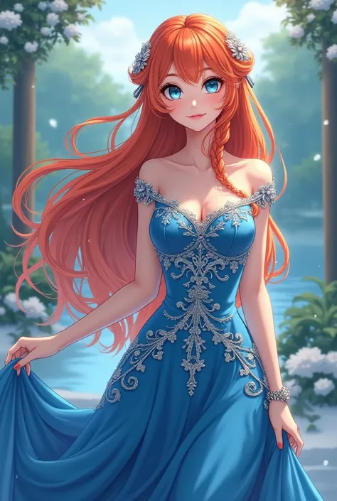  Adult woman 2d anime with white skin and blue eyes,  bright orange red hair ,  super long with waves ,  half tied with braids wearing long blue prom dress with silver and moon details .  Accessories . garden and lake , neve