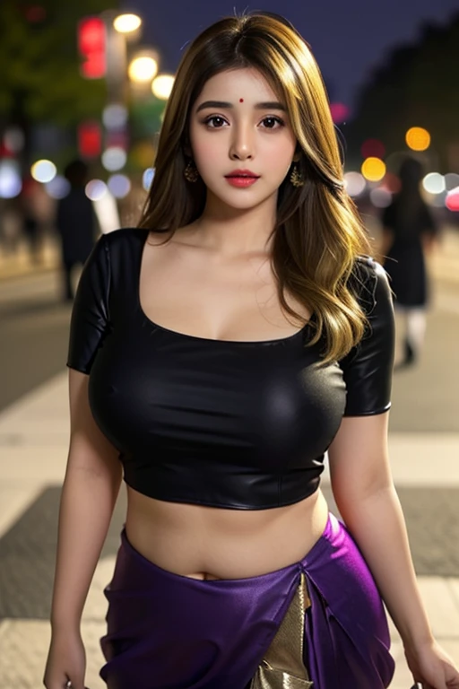 ((desi girl))), chubby face, natural skin, wearing saree and Purple blouse, black hair, ((hair ends are brown )), greenary night city background, bokeh , big breasts big waist young sensual actress model big cheeks big chubby cheeks, belly button showing h...