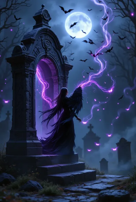 A haunting and atmospheric scene centered around an ancient, ornate tomb. The tomb is made of dark, weathered stone, covered in intricate gothic carvings of bats, roses, and occult symbols. Cracks in the tomb emit a faint, eerie purple glow, suggesting a s...