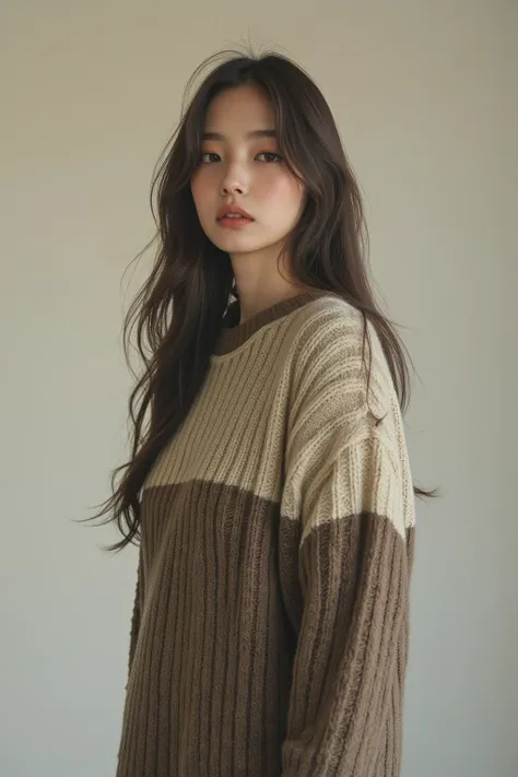   wearing a sweater, Full shot of a woman with long hair , 