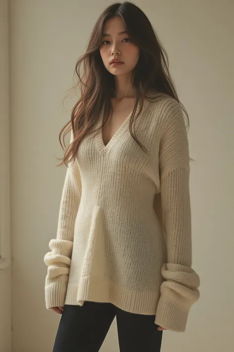   wearing a sweater, Full shot of a woman with long hair , 