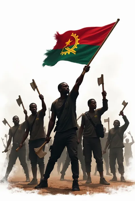  Generate super realistic, 4k , Of black men with agricultural machetes in their hands, fighting for independence ,  while in their midst one holds the Angolan flag.  With white background and full body .  