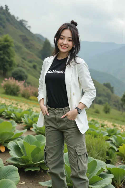 High resolution photo a 20years-old Beautiful pakistani-thai-Korean woman,smile,smooth white skin, well-groomed face, tied black hair, posing in a very fertile and beautiful cabbage field, white jacket, black t-shirt with the name word "Mochiman", cool wat...