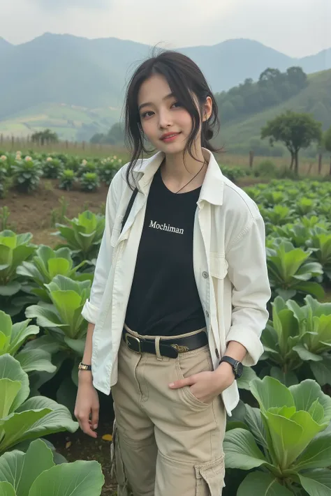 High resolution photo a 20years-old Beautiful pakistani-thai-Korean woman,smile,smooth white skin, well-groomed face, tied black hair, posing in a very fertile and beautiful cabbage field, white jacket, black t-shirt with the name word "Mochiman", cool wat...