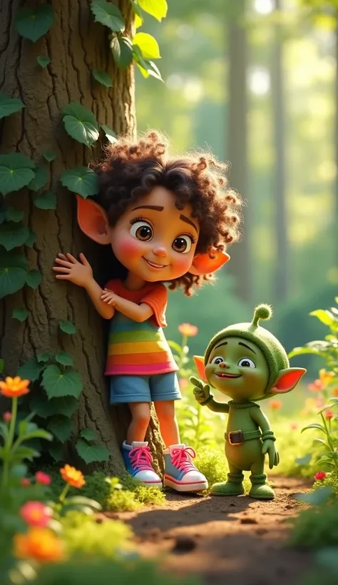 Create a Pixar-style 3D image of Alice, a curious  with curly brown hair, round ears, a colorful T-shirt, shorts and pink and blue sneakers with Rayner, a little elf with green skin and a leafy cap, surrounded by brightly colored plants and stars that shin...