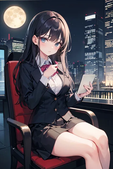   attention to detail ,  Super Detail,  super high resolution, The girl on the train , The outfit is random,  long hair, She's sitting on a train chair , Late Night,  midnight, Cityscape, A row of skyscrapers, I can see the full moon from between the skysc...