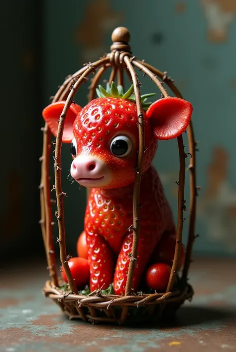 A small calf made of strawberry locked in a small cage in a room