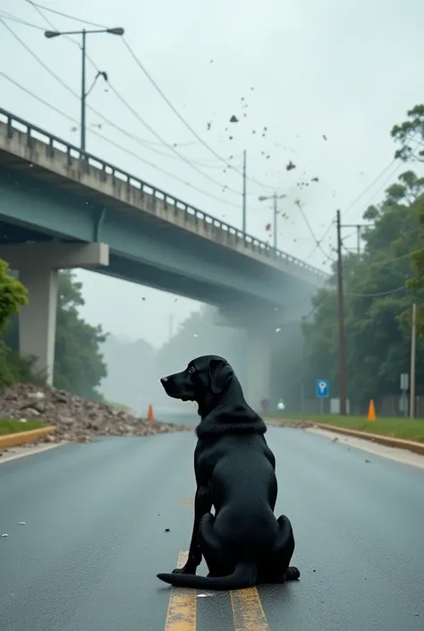 A dramatic scene capturing a bridge in the process of collapsing, with debris and dust falling onto the road below, creating a chaotic and intense atmosphere. In stark contrast, a black retriever sits calmly on the road in the foreground, looking slightly ...